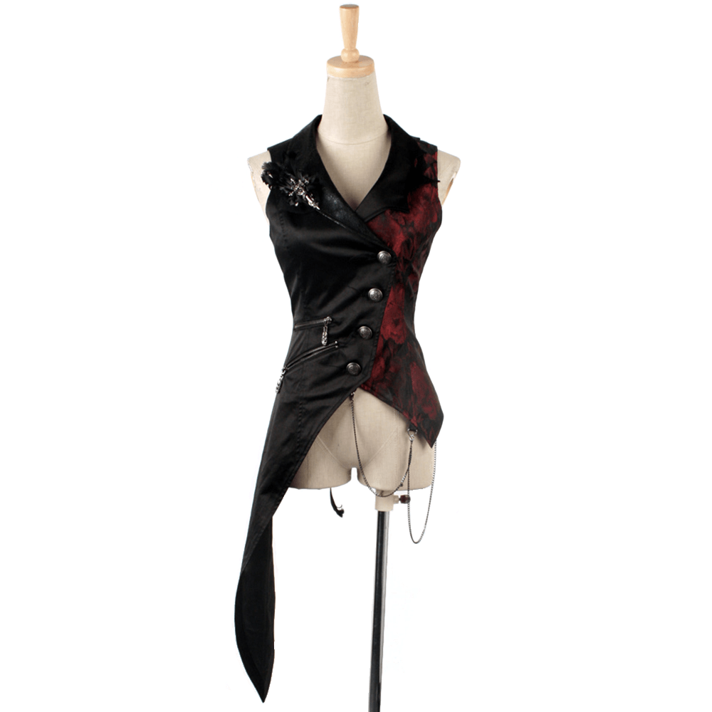 Gothic tailcoat vest with chains, red brocade detail, and asymmetrical hem for a vampire-inspired look.