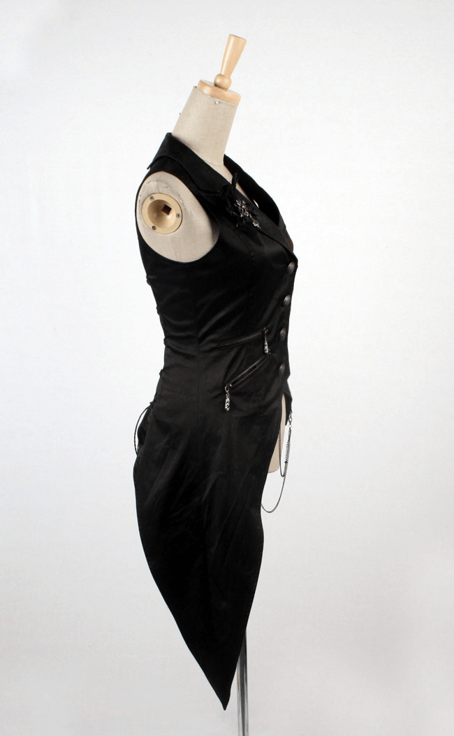Gothic tailcoat vest with chains and red brocade detail, featuring asymmetrical hem and elegant buttons.