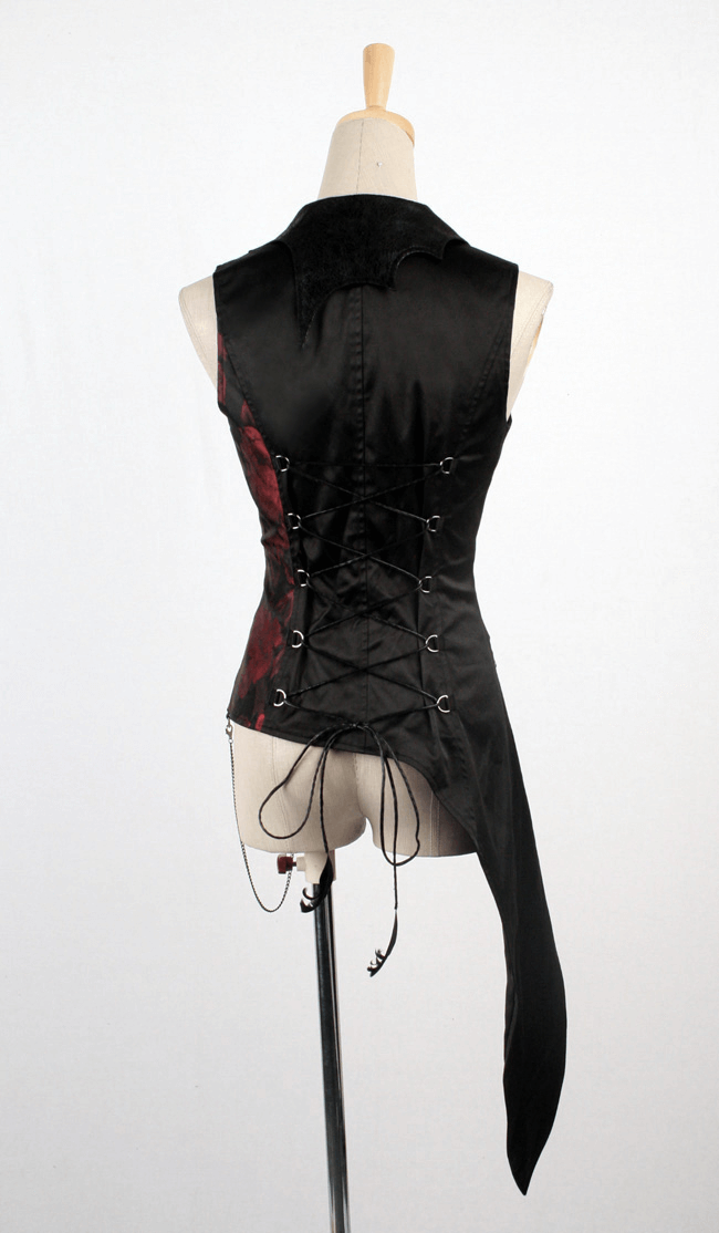 Back view of Gothic Tailcoat Vest with chains and red brocade detail, featuring lace-up design and asymmetrical hem.