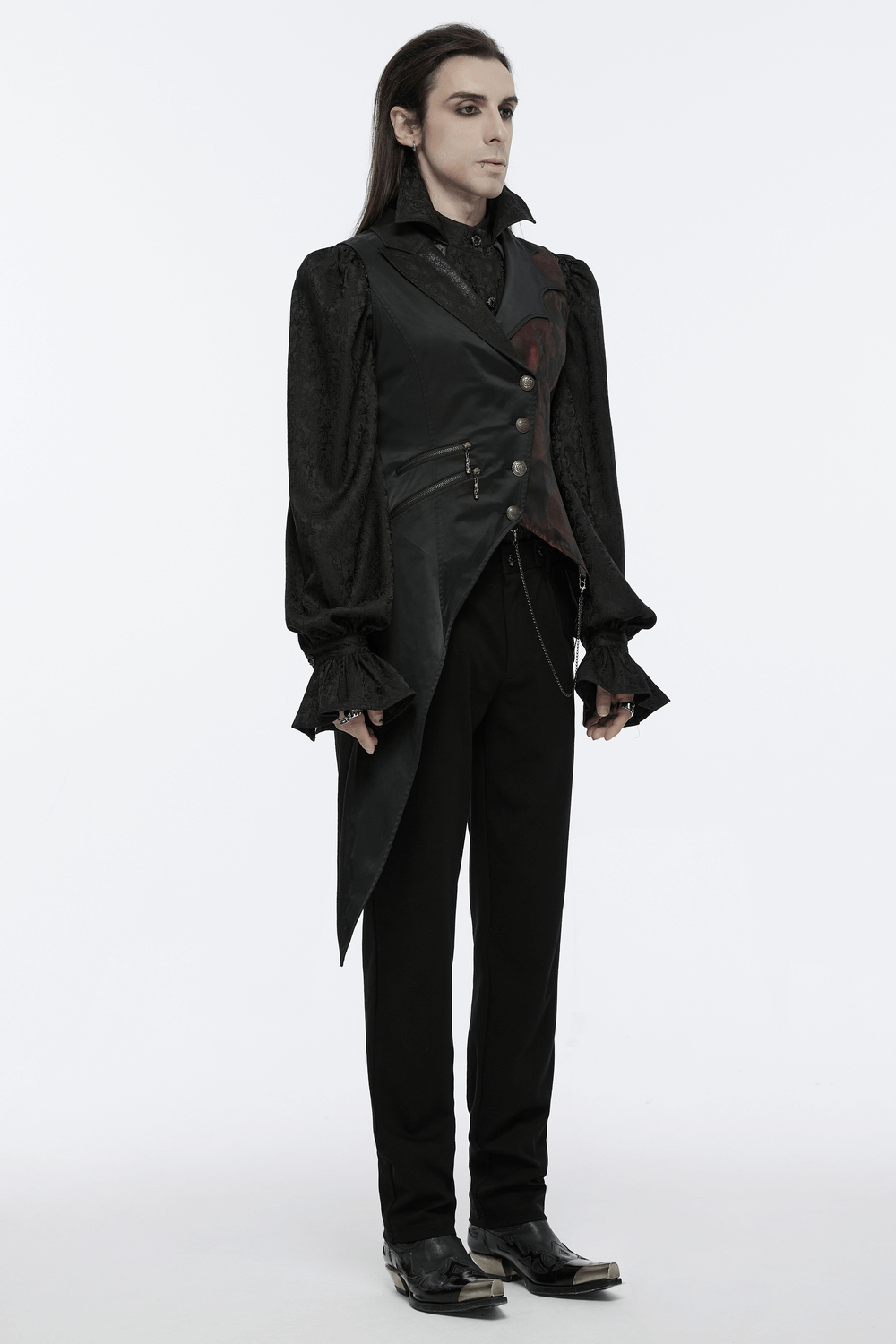 Gothic tailcoat vest with chains and red brocade detail, featuring an elegant asymmetrical hem design.