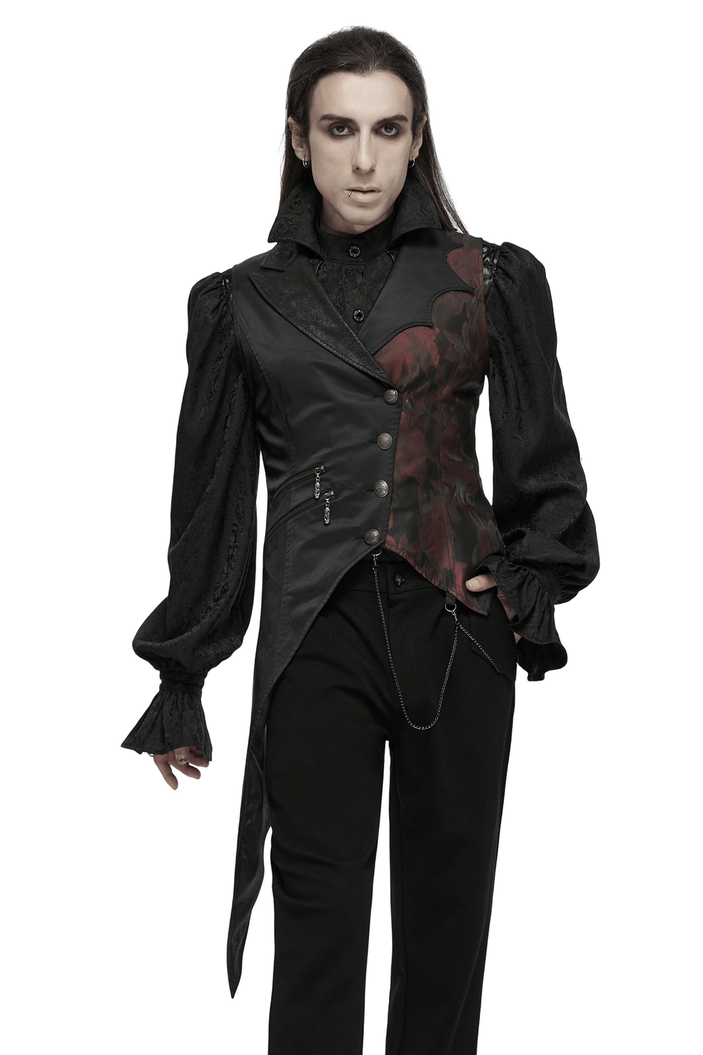 Gothic vampire vest with chains and red brocade detail, featuring asymmetrical hem and lace-up back for a tailored fit.