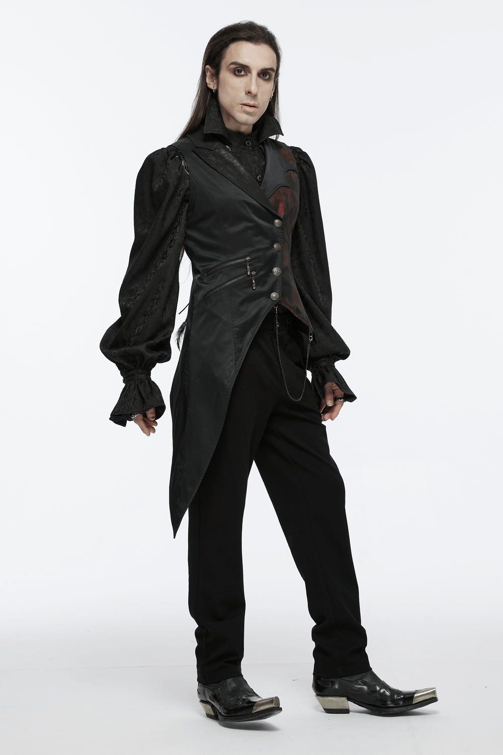 Gothic vampire vest with chains and red brocade, perfect for unique dark fashion and cosplay.