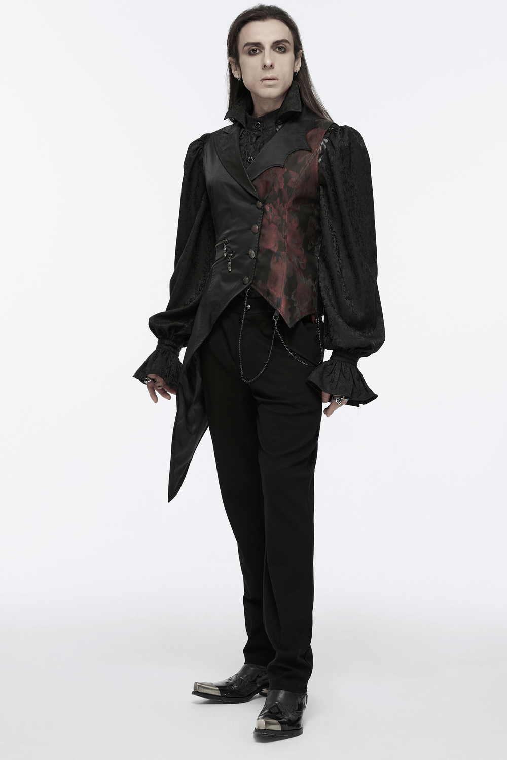 Gothic tailcoat vest with asymmetrical hem, silver chains, and red brocade for a dark, elegant vampire look.