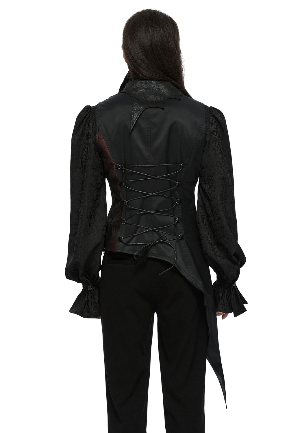 Back view of Gothic Tailcoat Vest with lace-up design, showcasing elegant black fabric and intricate details.