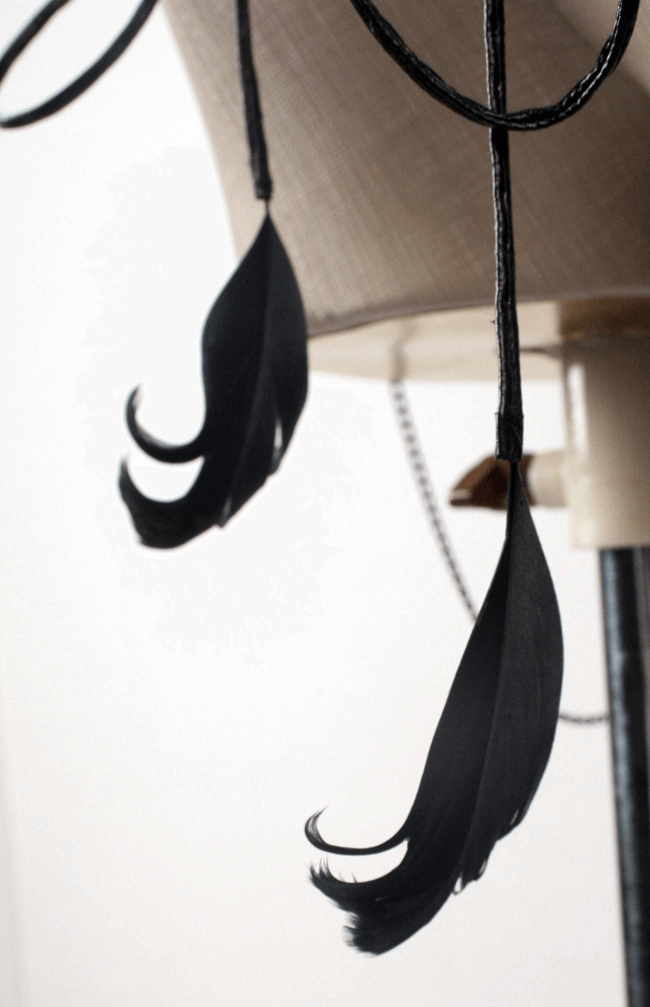 Close-up of black feather accents hanging from a lamp, adding a touch of elegance and gothic flair to home decor.