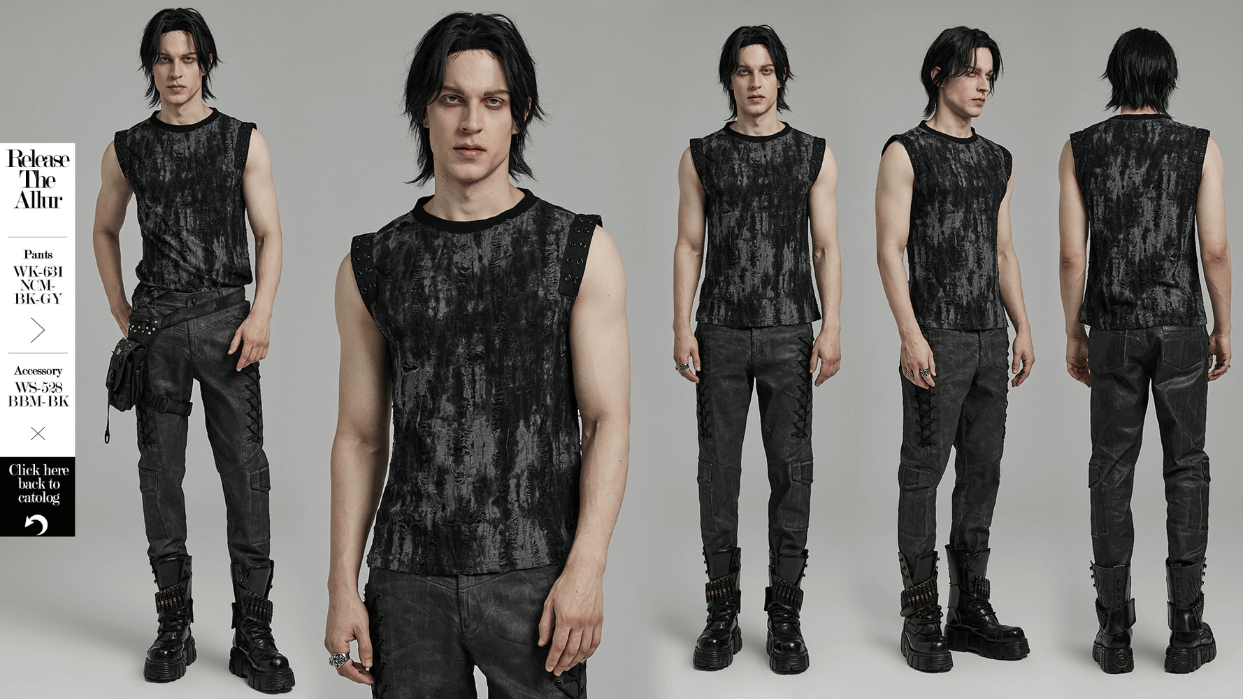 Gothic tattered fabric tank top with eyelet webbing, showcasing an edgy alternative style for men.