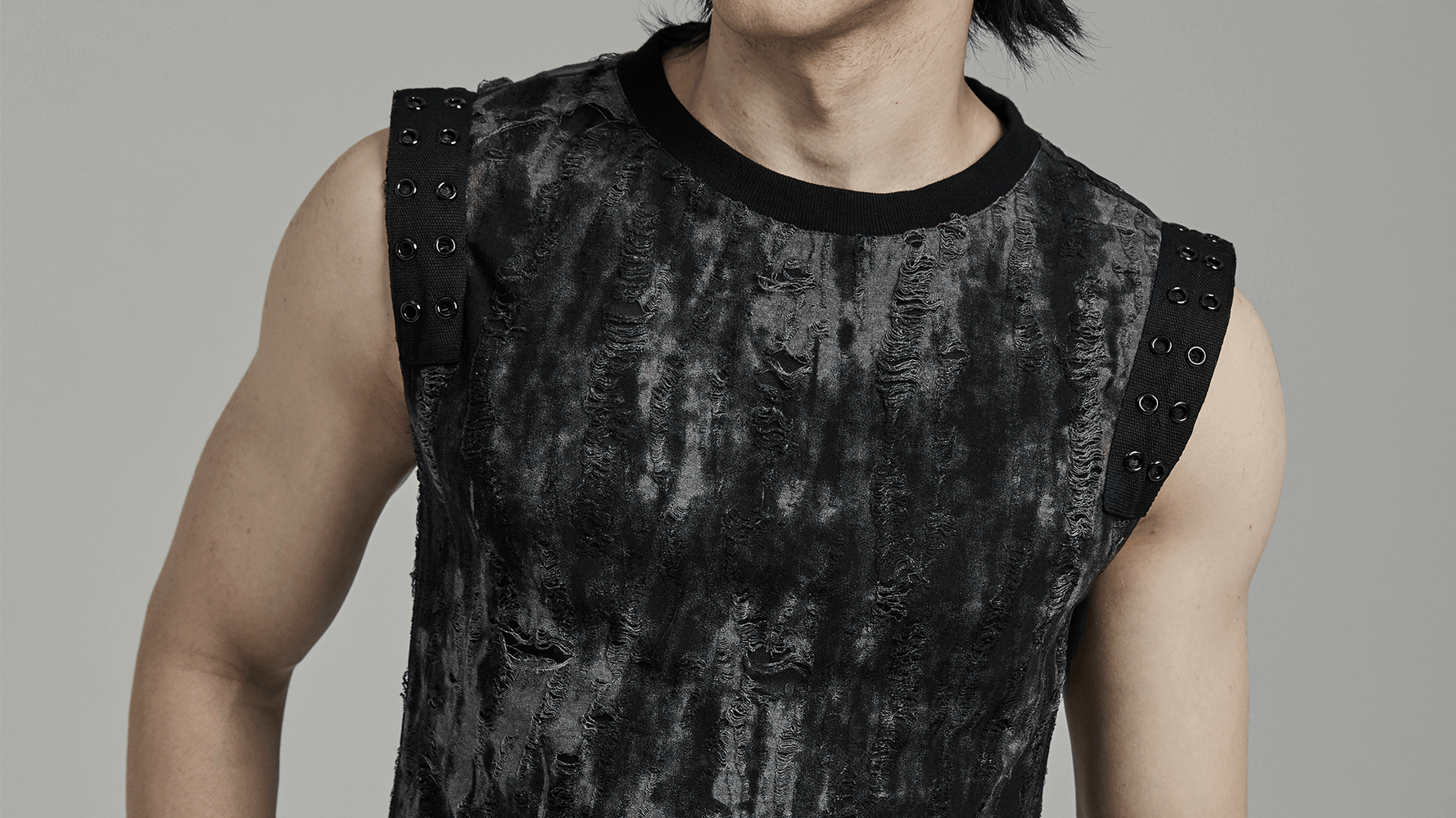 Gothic tattered fabric tank top featuring eyelet webbing detail, perfect for edgy alternative styles.