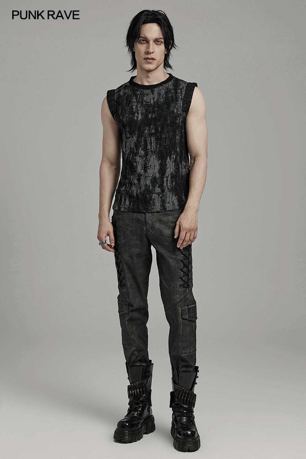 Gothic tattered fabric tank top with eyelet webbing, perfect for edgy alternative fashion enthusiasts.