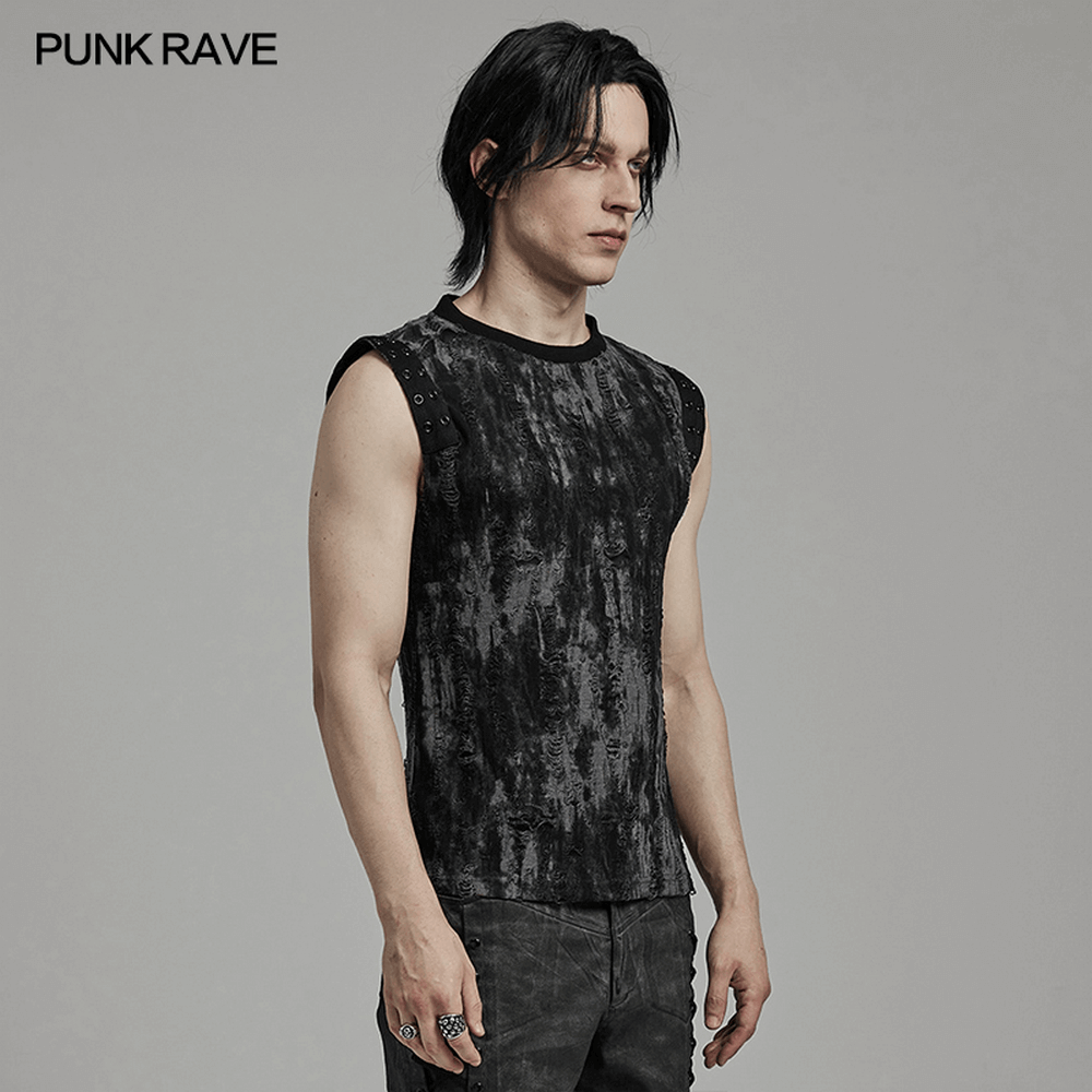 Gothic men’s tank top with tattered fabric and eyelet webbing, showcasing alternative edgy style.