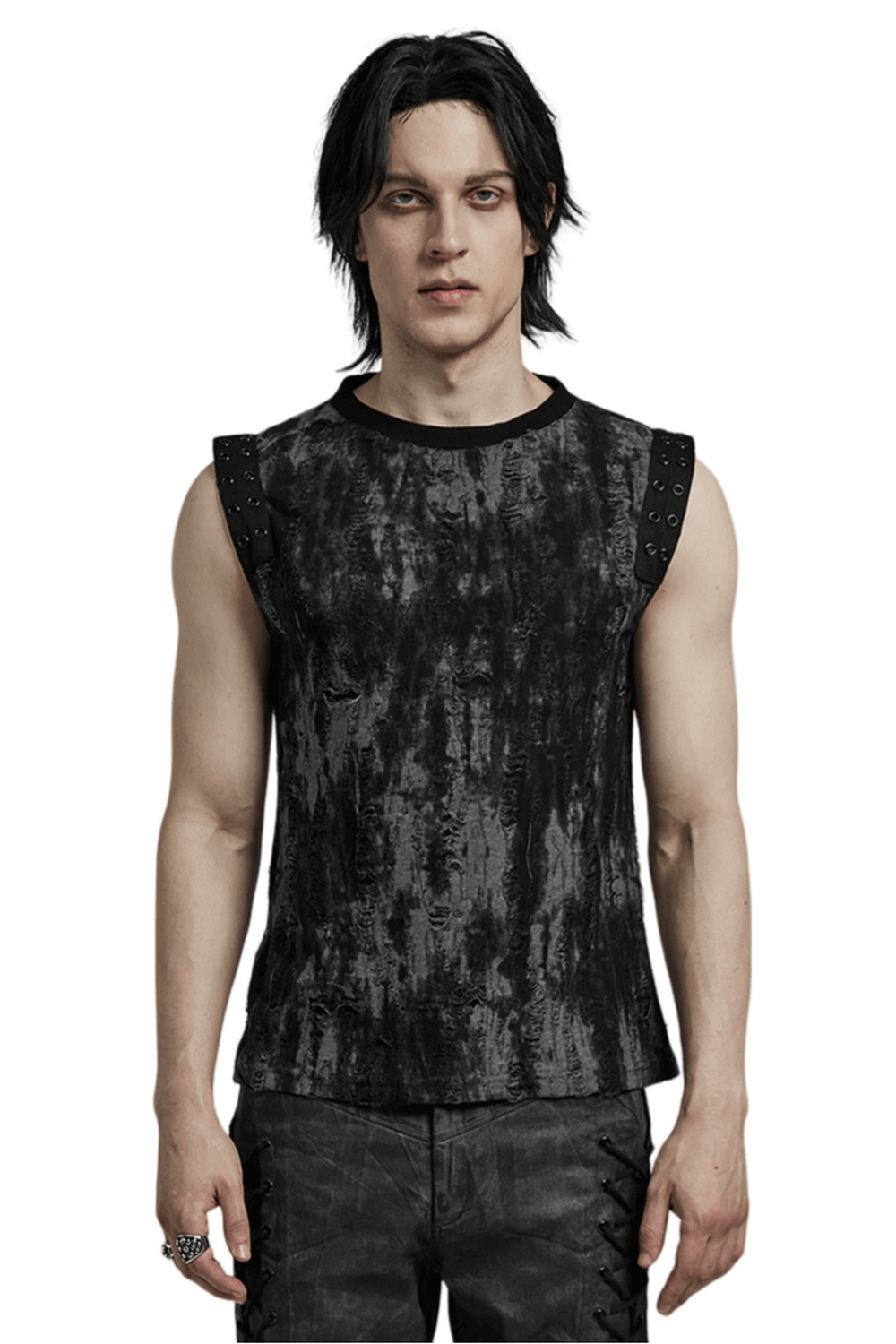 Gothic tattered fabric tank top with eyelet webbing, perfect for alternative style enthusiasts.