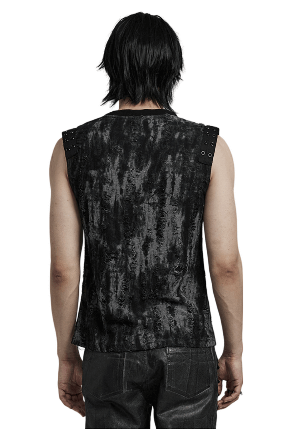 Back view of a gothic tattered fabric tank top with eyelet webbing, showcasing its edgy design and unique texture.
