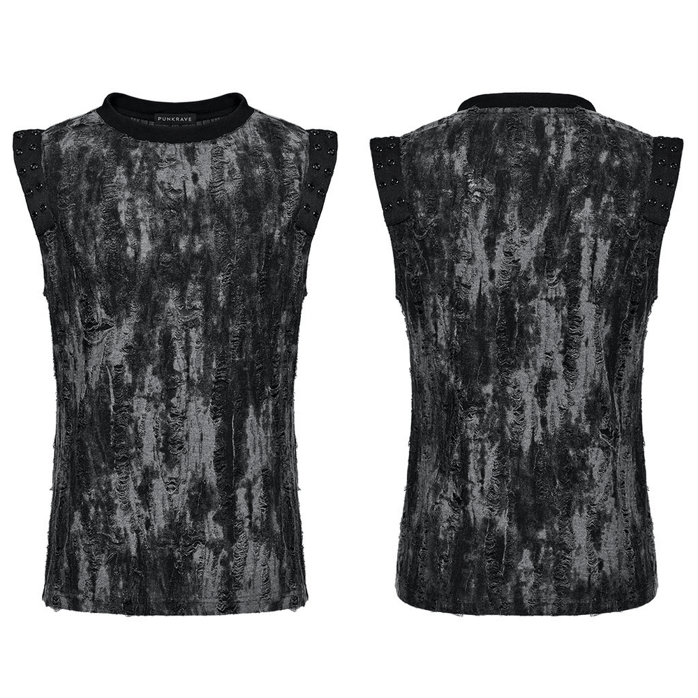 Gothic tattered fabric tank top with eyelet webbing for men, showcasing an edgy alternative style in black.