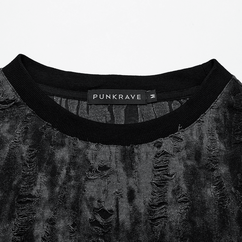 Close-up of Gothic tattered tank top showing unique frayed texture and PUNK RAVE label.