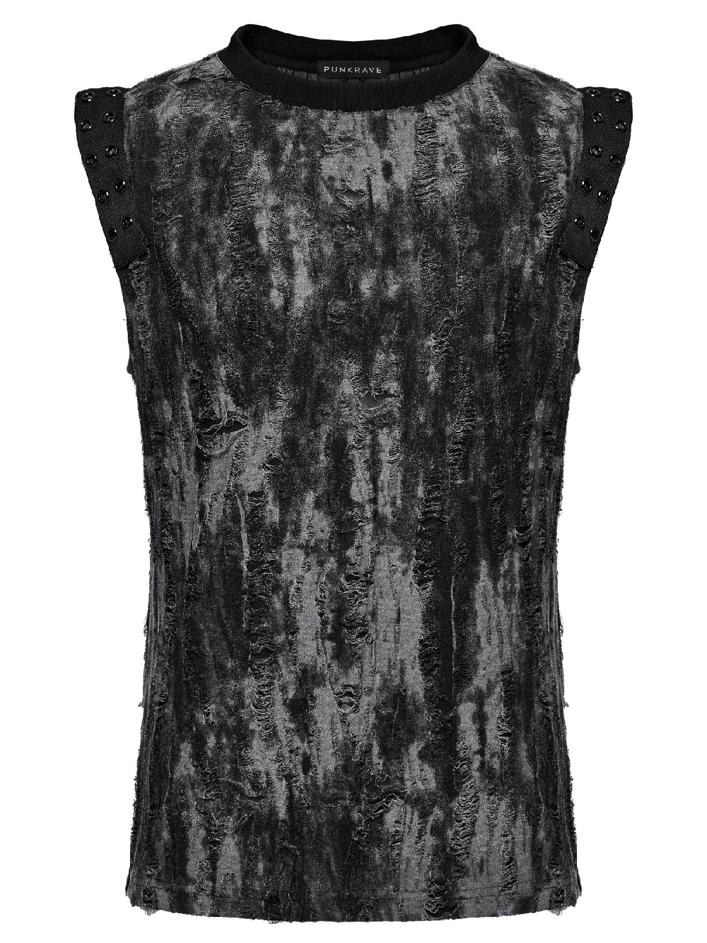 Gothic tattered fabric tank top with eyelet webbing for men, featuring a unique edgy design and textured black material.