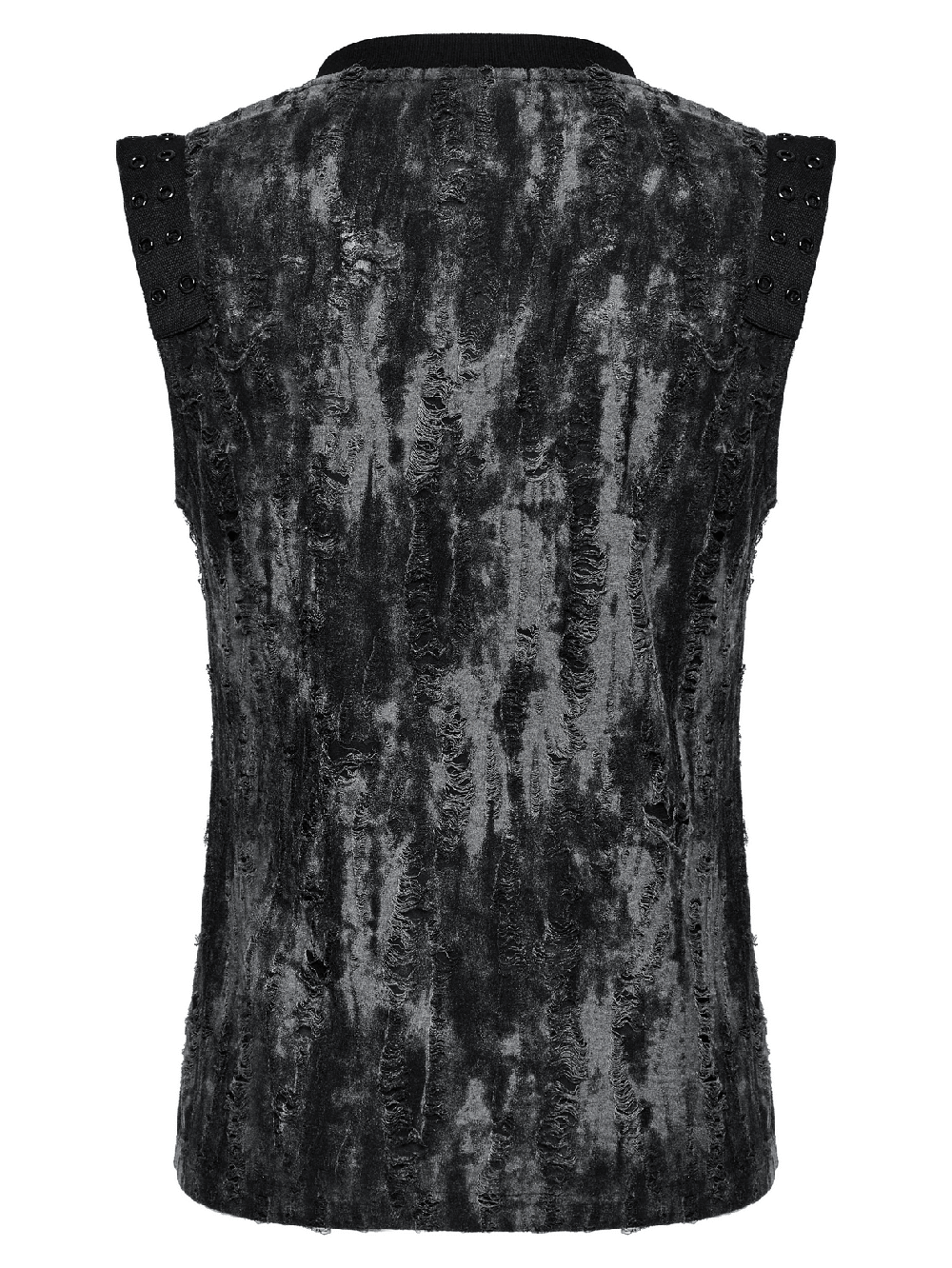 Gothic tattered fabric tank top showcasing eyelet webbing on shoulders, perfect for edgy alternative fashion lovers.