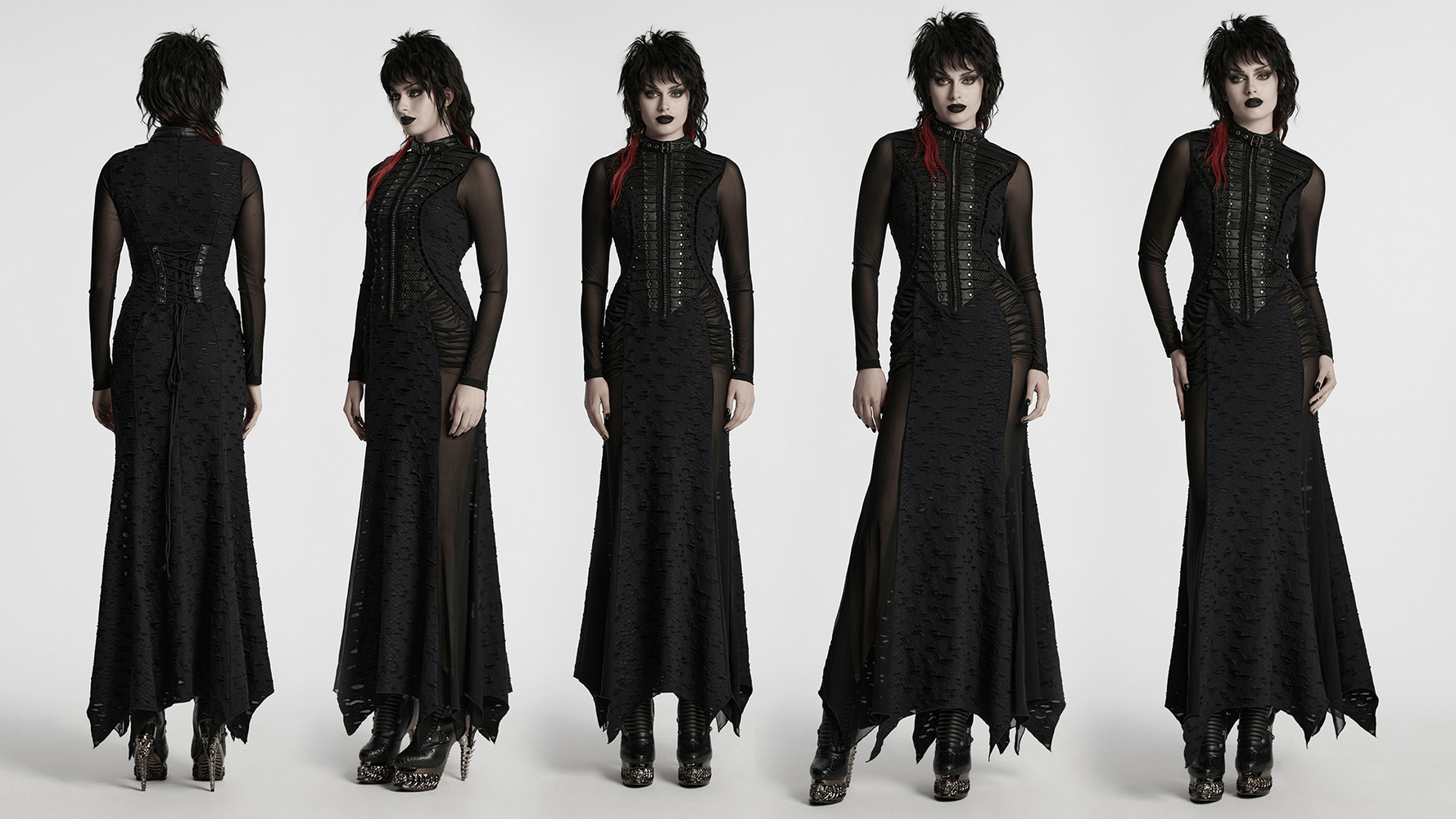 Gothic tattered mesh pleated long dress showcasing black fabric, lace details, and pleating with a unique punk style.