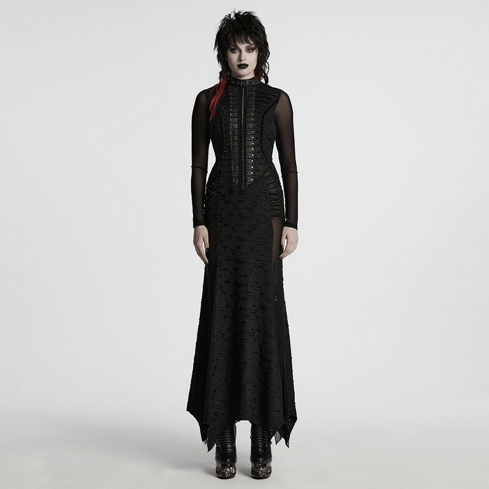 Gothic tattered mesh pleated punk long dress with lace detail and unique pleating, perfect for edgy fashion lovers.