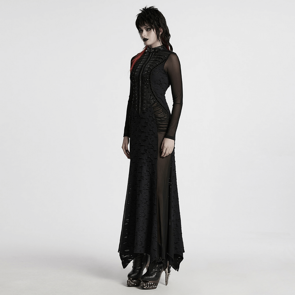 Gothic tattered mesh pleated punk long dress featuring lace details and unique pleating.