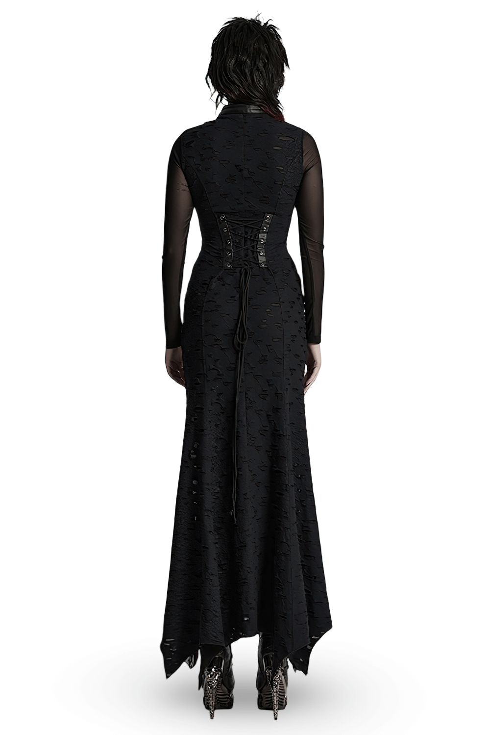 Back view of Gothic tattered mesh pleated long dress showing lace and buckle details, perfect for punk style.