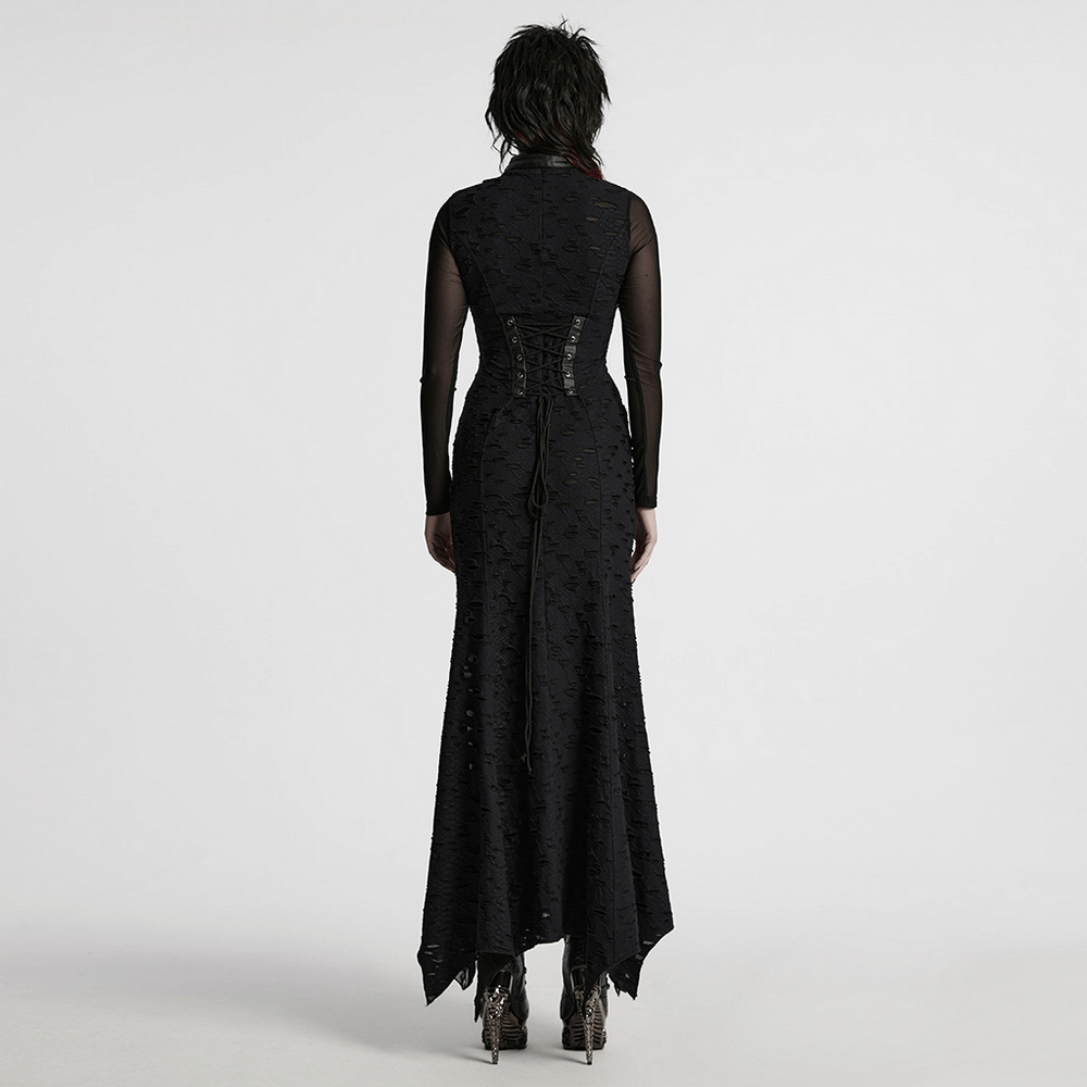 US SALE of Gothic Tattered Mesh Pleated Punk Long Dress
