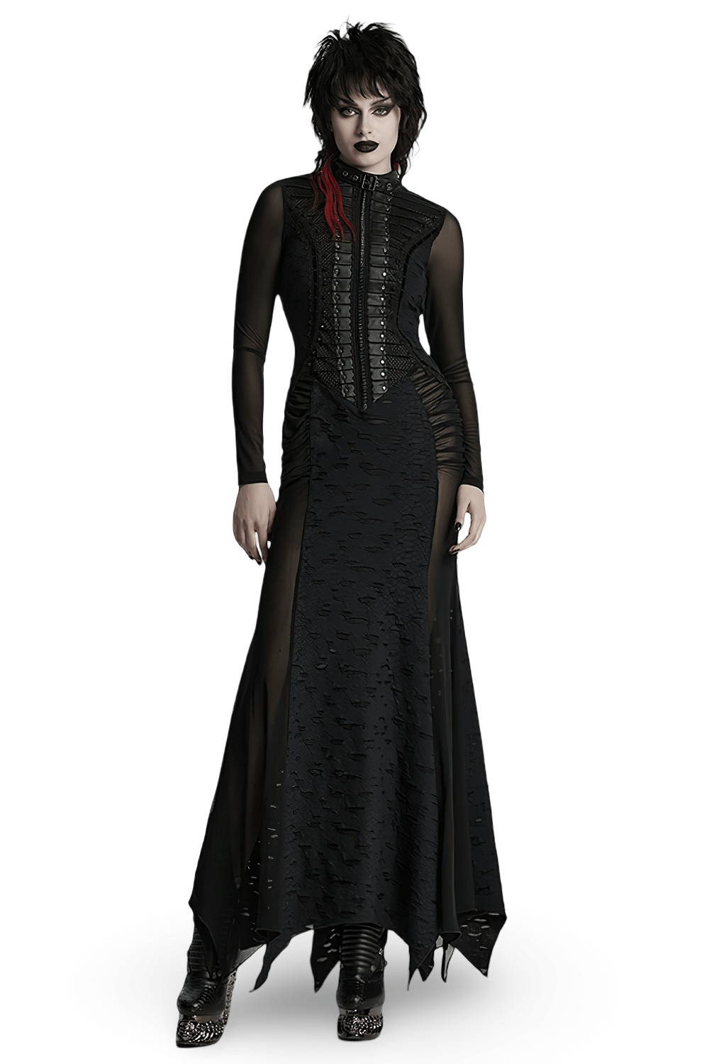 Gothic tattered mesh long dress with pleats, lace details, and spikes for a punk style look.