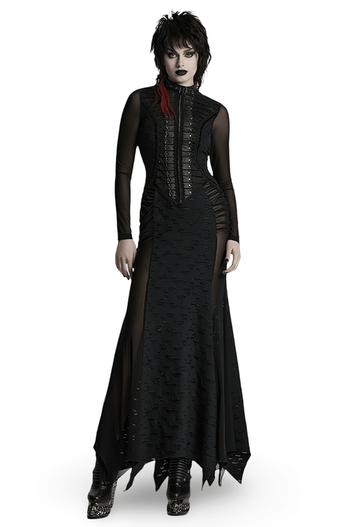 Gothic Tattered Mesh Pleated Punk Long Dress