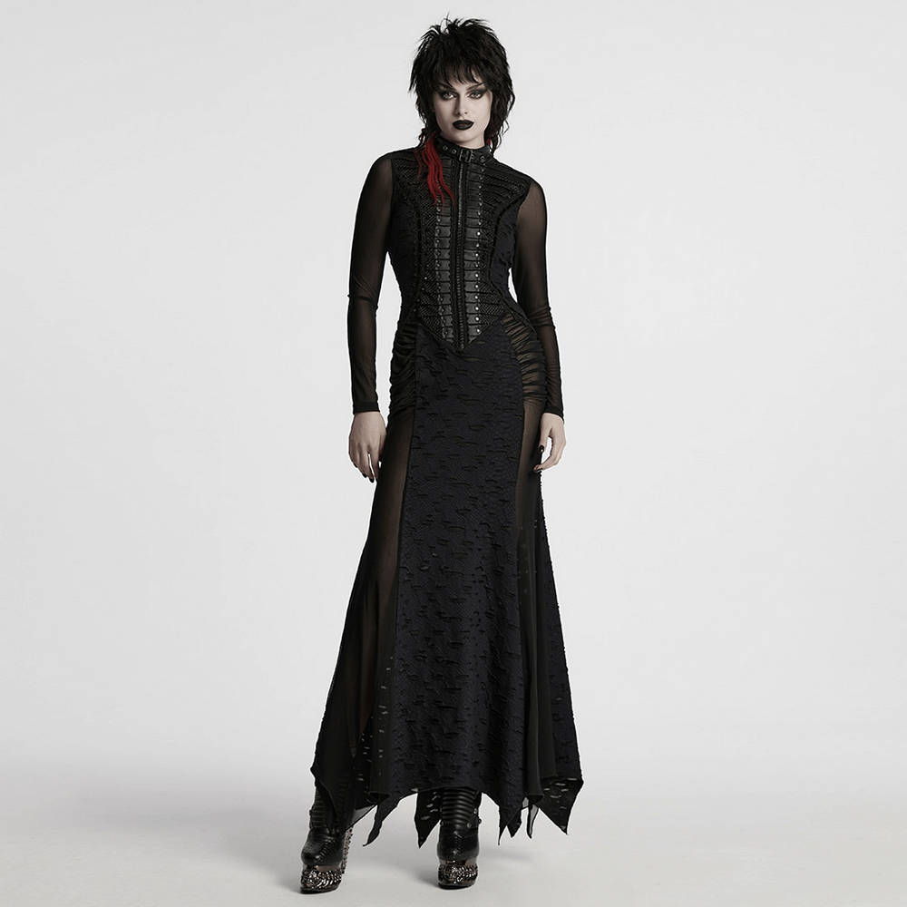 US SALE of Gothic Tattered Mesh Pleated Punk Long Dress