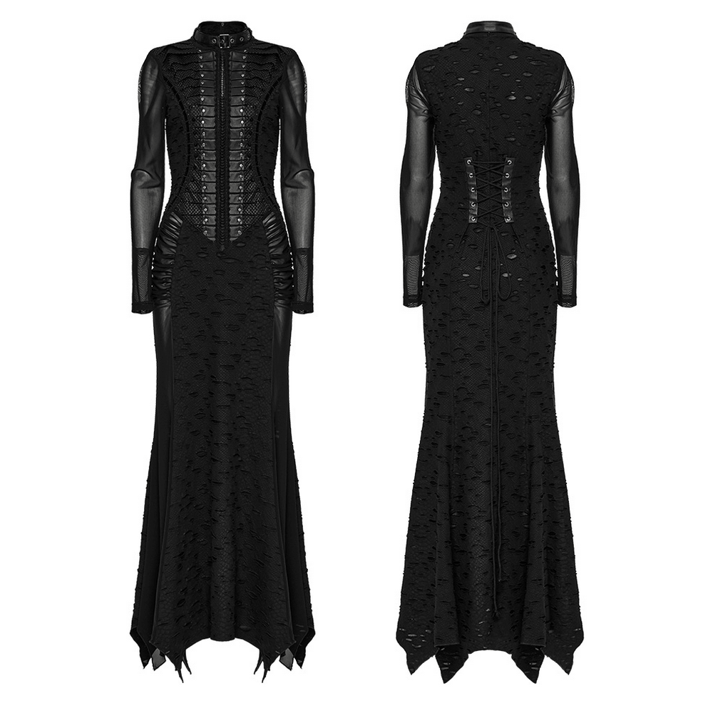 Gothic tattered mesh punk long dress featuring pleats, lace details, and a unique collar design.