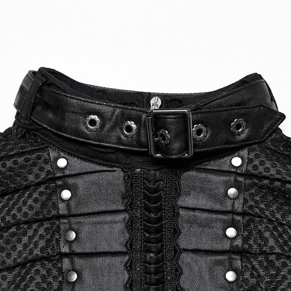Close-up of Gothic tattered mesh dress collar with buckle and detailing, featuring pleats and webbing elements.
