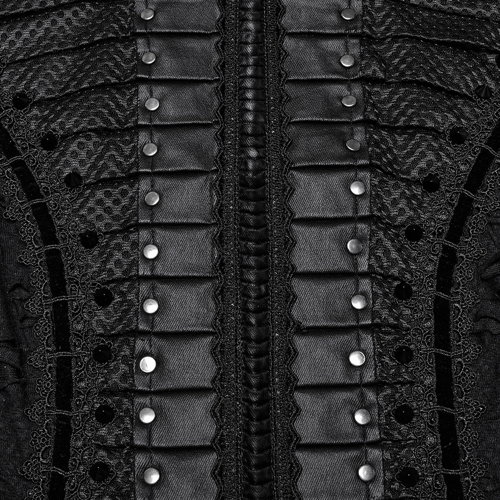 Close-up of Gothic tattered mesh dress with pleated lace, buttons, and a stylish zip, showcasing punk fashion details.