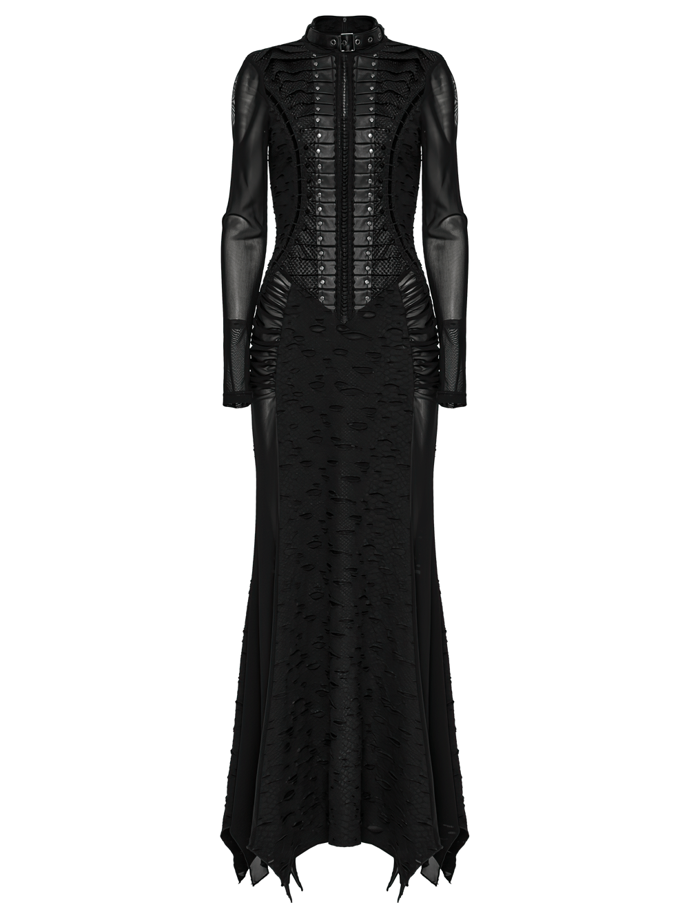 Gothic tattered mesh pleated punk long dress with lace and buckle detail, perfect for edgy fashion lovers.