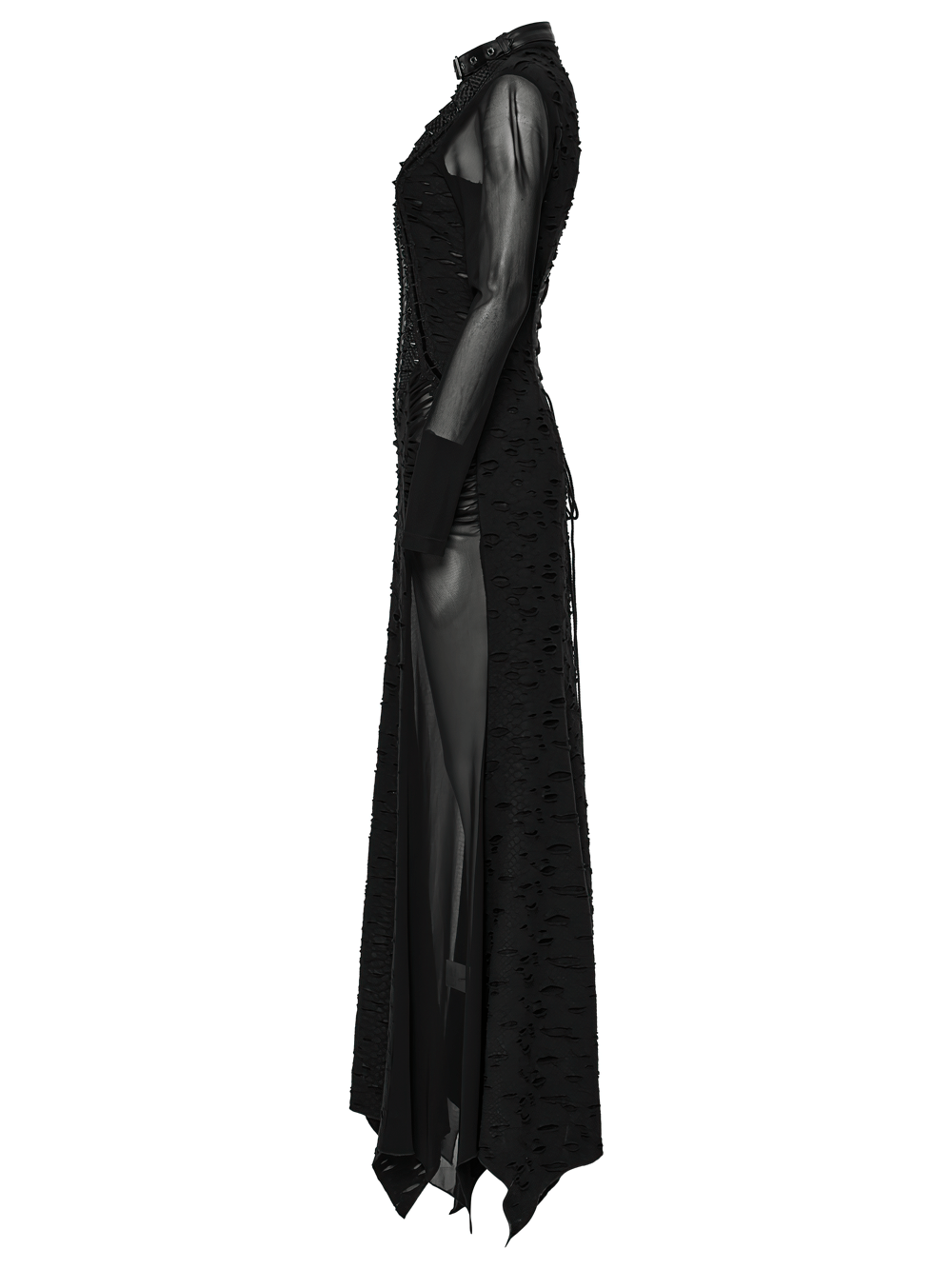 Gothic tattered mesh pleated punk long dress showcasing unique pleating, lace details, and a dramatic silhouette.