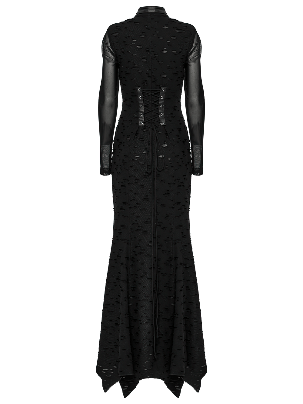 Back view of Gothic tattered mesh pleated punk long dress with lace and buckle details, showcasing unique texture and style.
