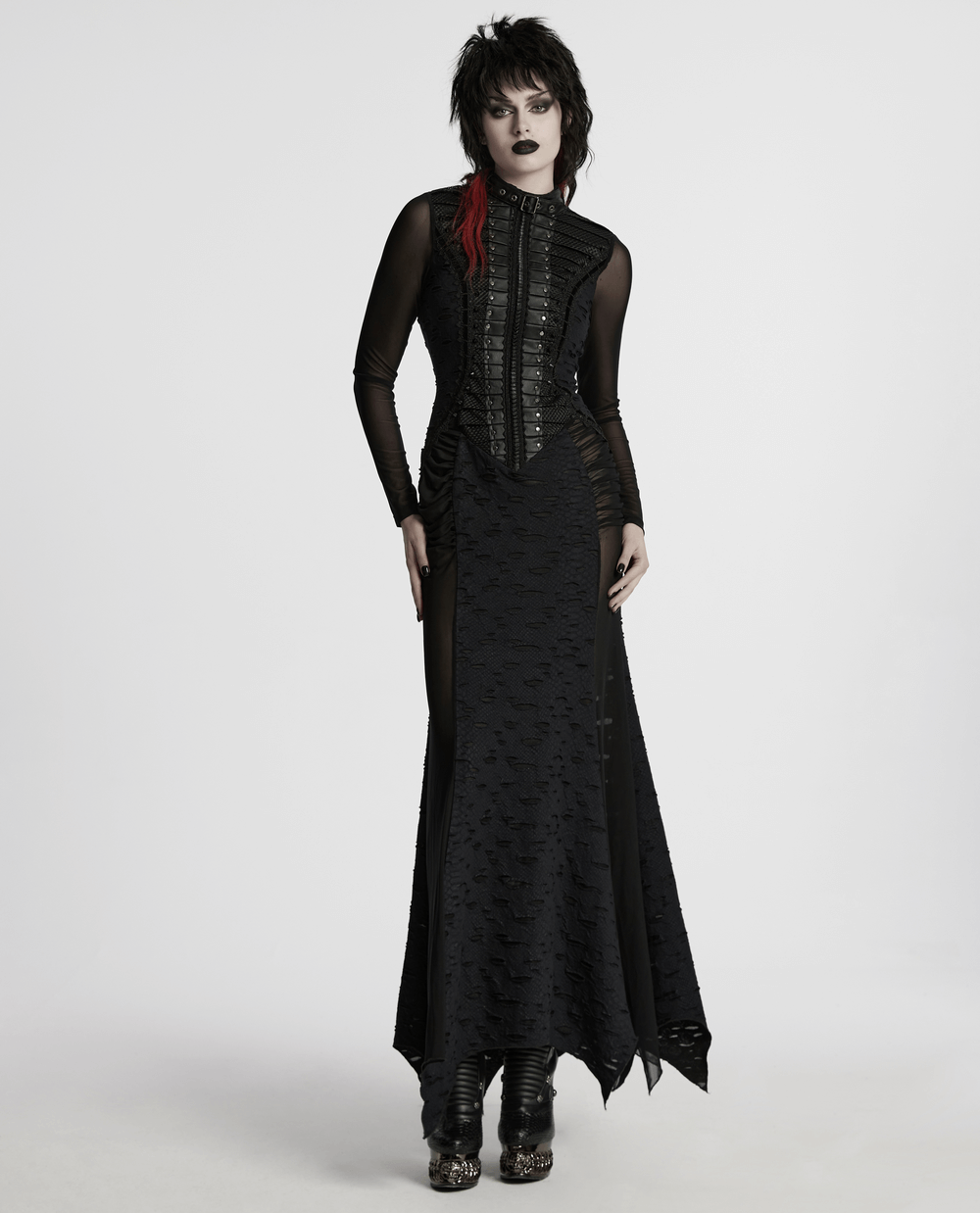 Gothic tattered mesh pleated punk long dress featuring lace, spikes, and unique collar design for a striking look.