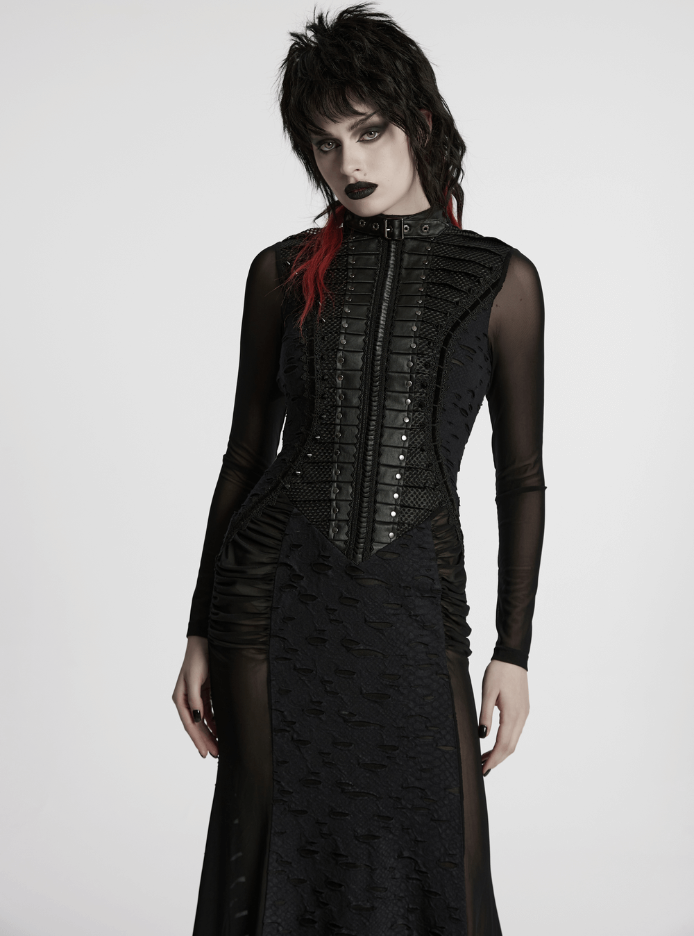 Gothic tattered mesh long dress with pleating, lace details, and a buckle collar, perfect for punk fashion lovers.