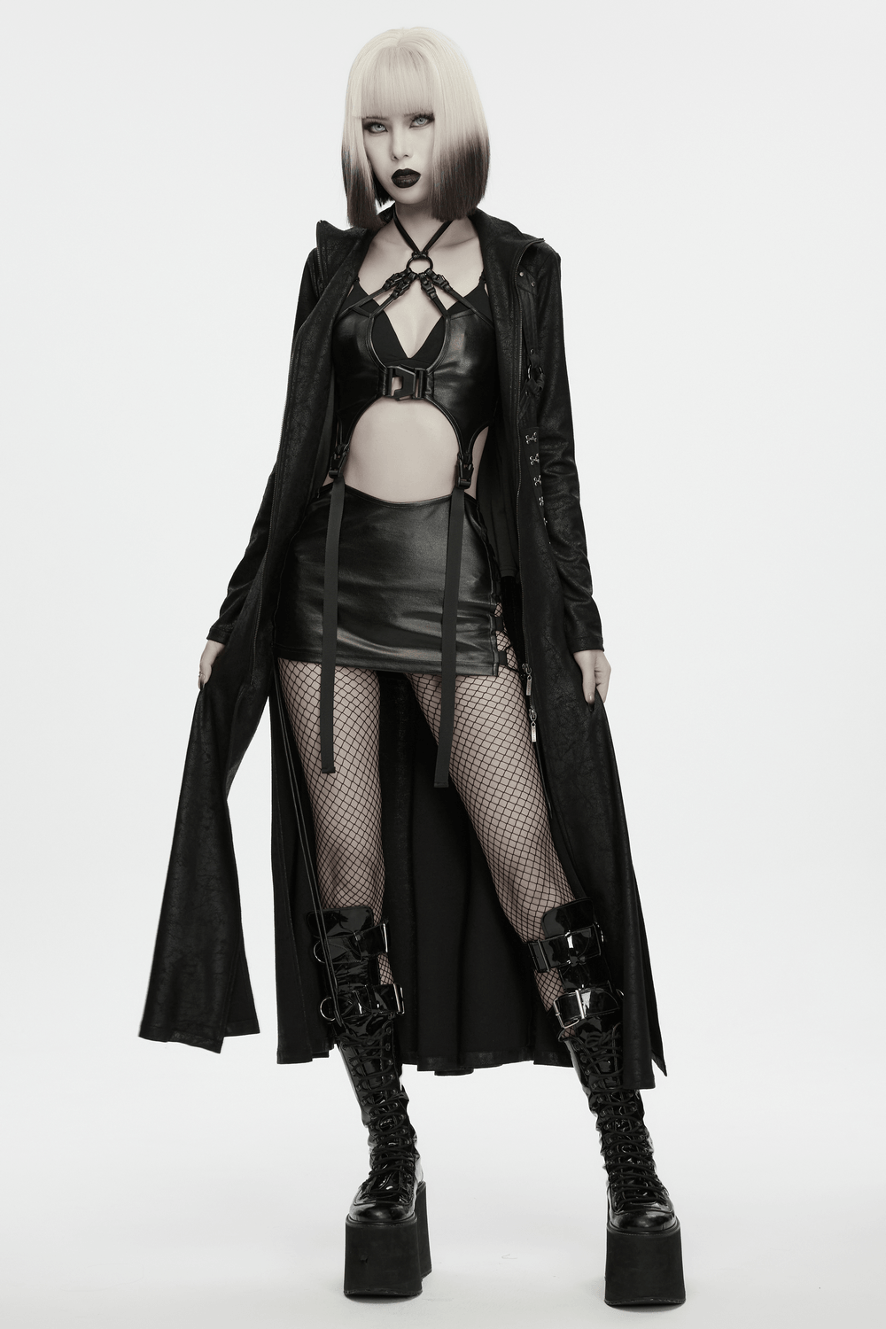 Gothic Techwear Two Piece Harness Top and Mini Skirt, glossy black buckle straps, cutout halter, mini skirt