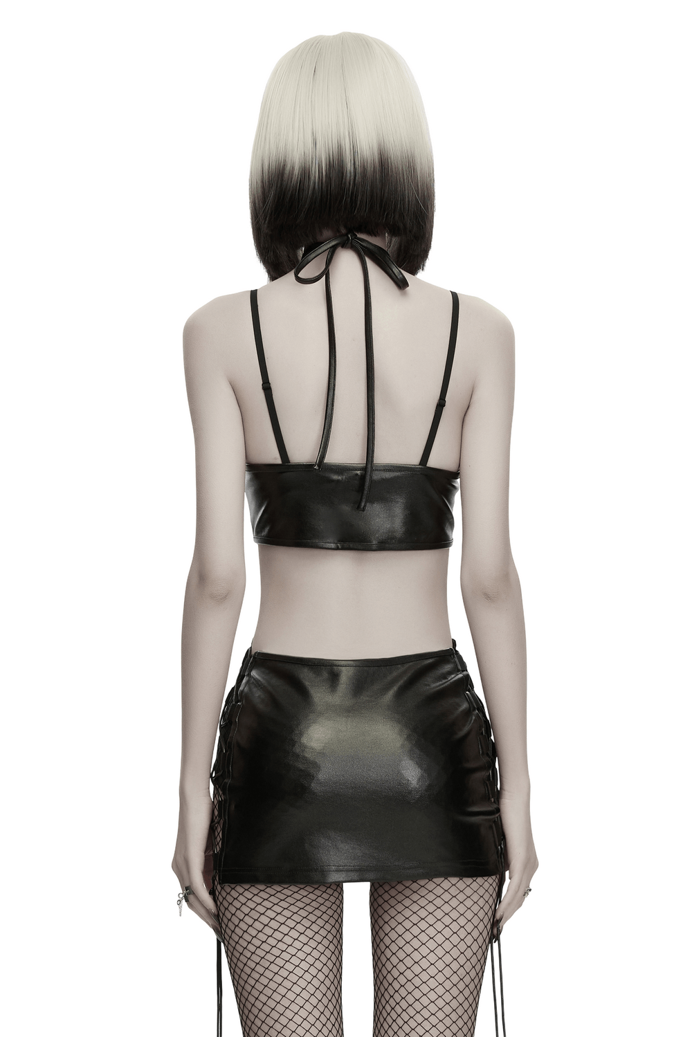Gothic Techwear Two Piece Harness Top and Mini Skirt, glossy black set with buckles and adjustable straps