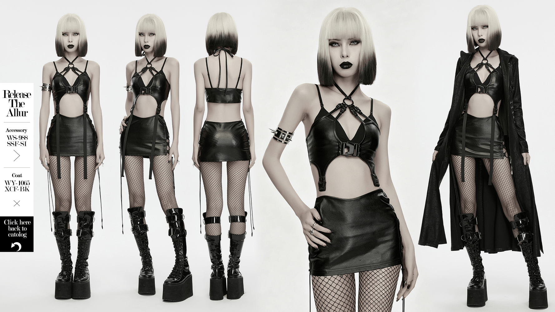 Gothic Techwear Two Piece Harness Top and Mini Skirt, glossy black buckle-strapped goth outfit with cutouts and lacing
