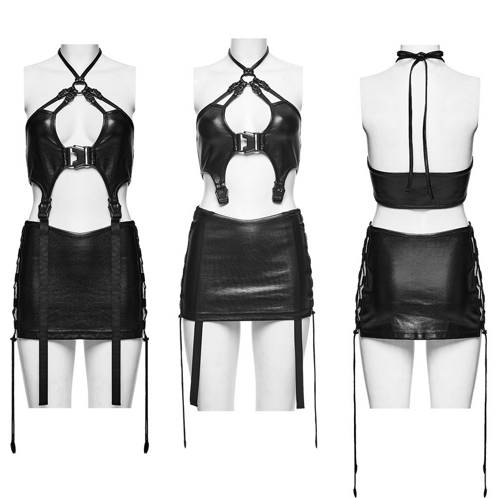 Gothic Techwear Two Piece Harness Top and Mini Skirt black set with buckle straps, halter cutout top and laced mini skirt