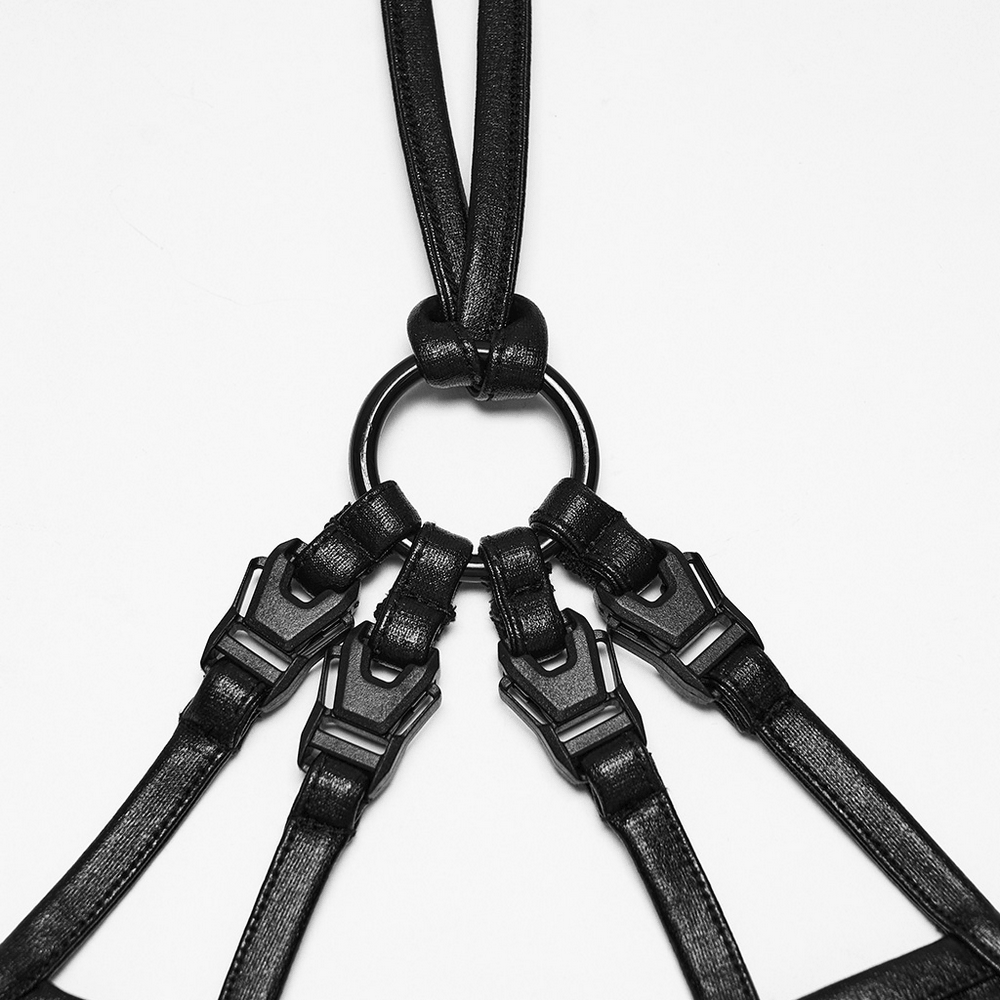 Gothic Techwear Two Piece Harness Top and Mini Skirt, glossy black buckle straps and metal ring detail for edgy style