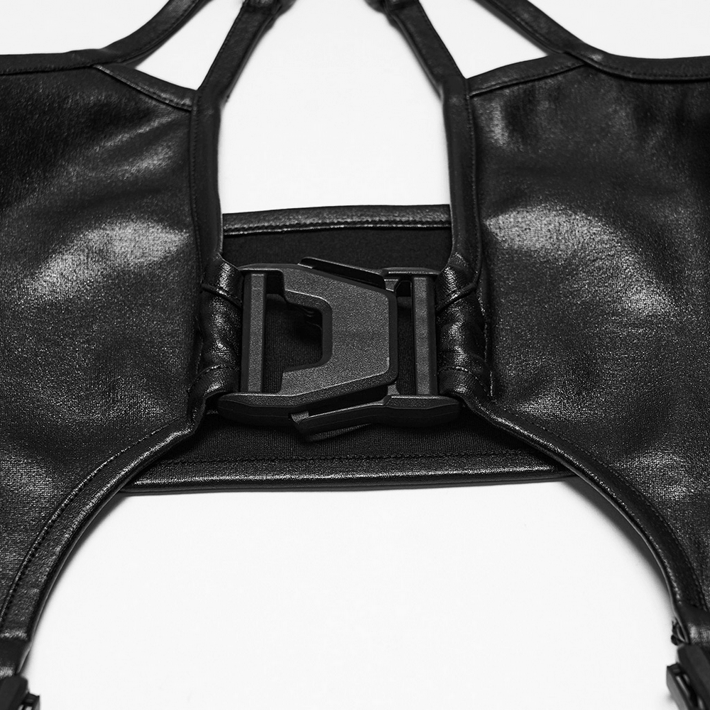 Gothic Techwear Two Piece Harness Top and Mini Skirt glossy black buckle-front cutout halter set with adjustable straps