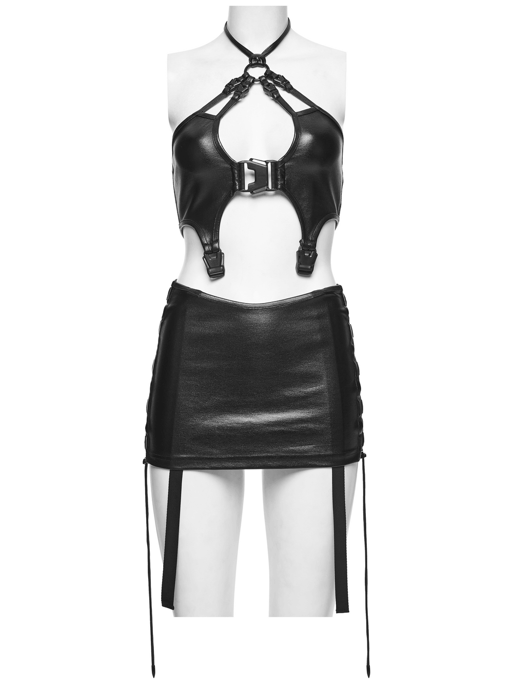 Gothic Techwear Two Piece Harness Top and Mini Skirt, glossy black buckle straps with cutout halter and lacing