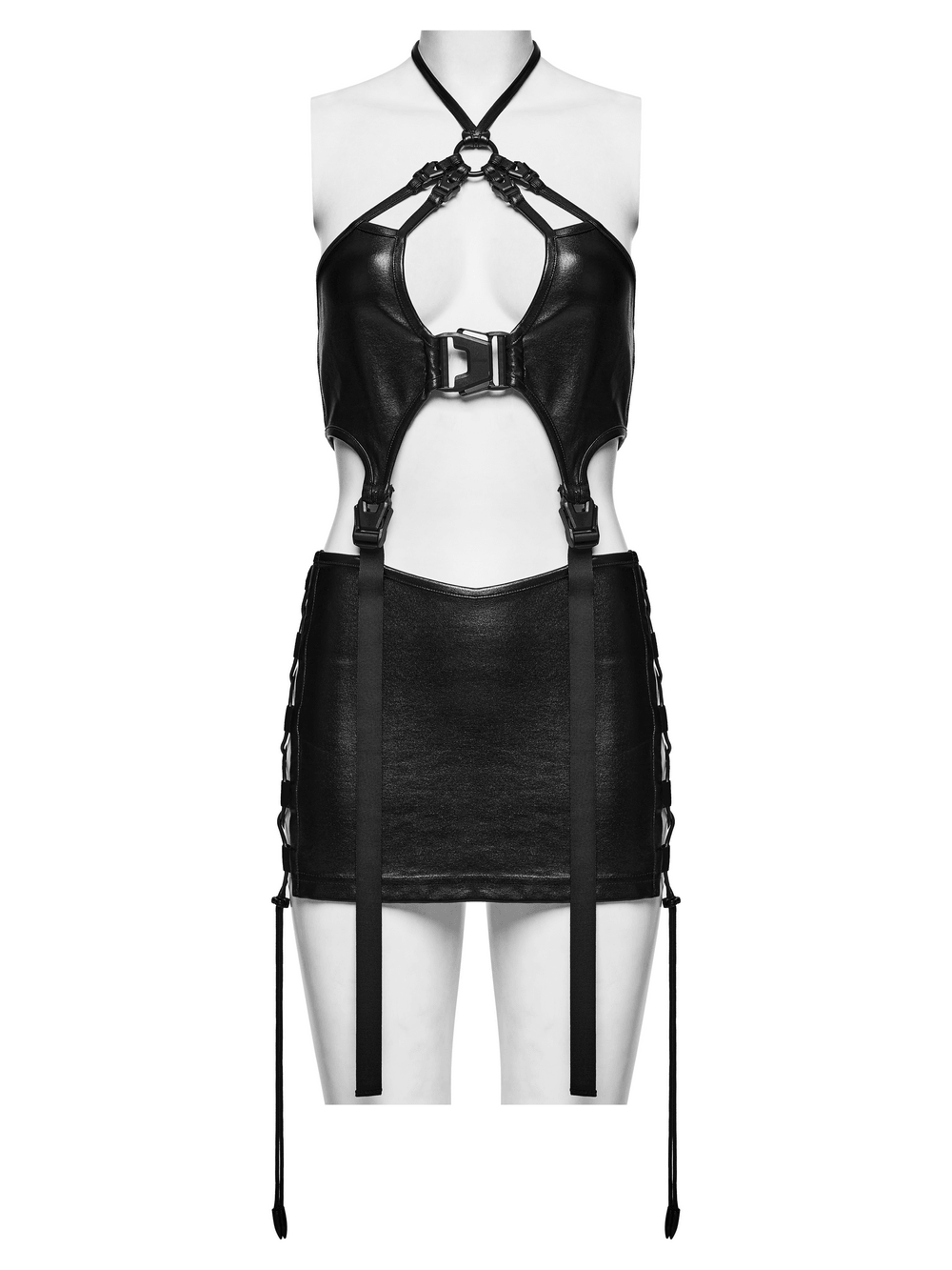 Gothic Techwear Two Piece Harness Top and Mini Skirt, glossy black halter set with buckles, cutouts, and adjustable lacing