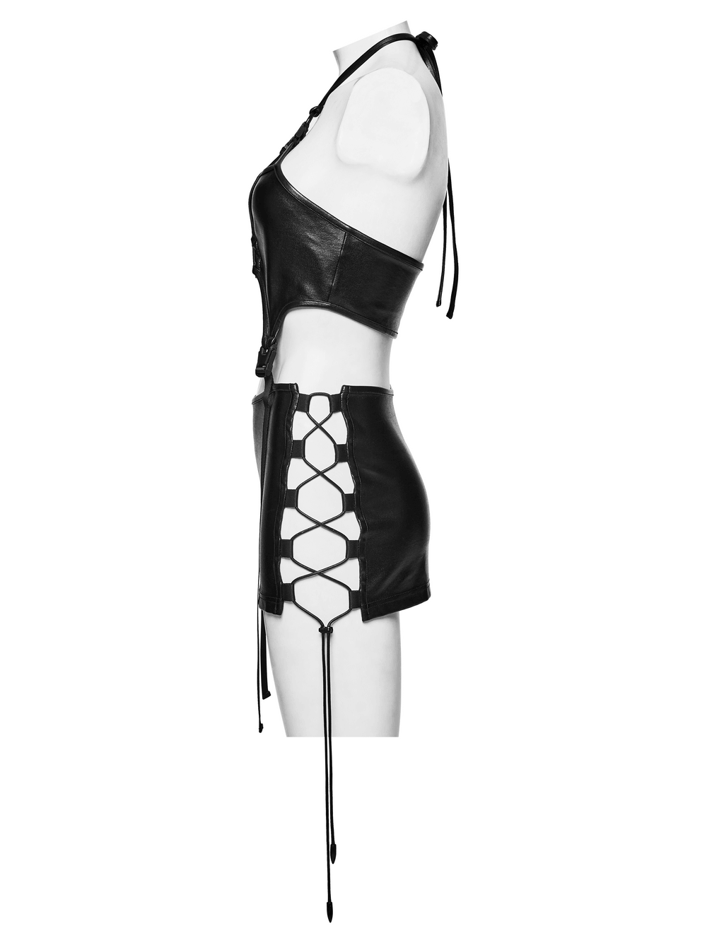Gothic Techwear Two Piece Harness Top and Mini Skirt in glossy black with buckle straps, cutout details, and side lacing