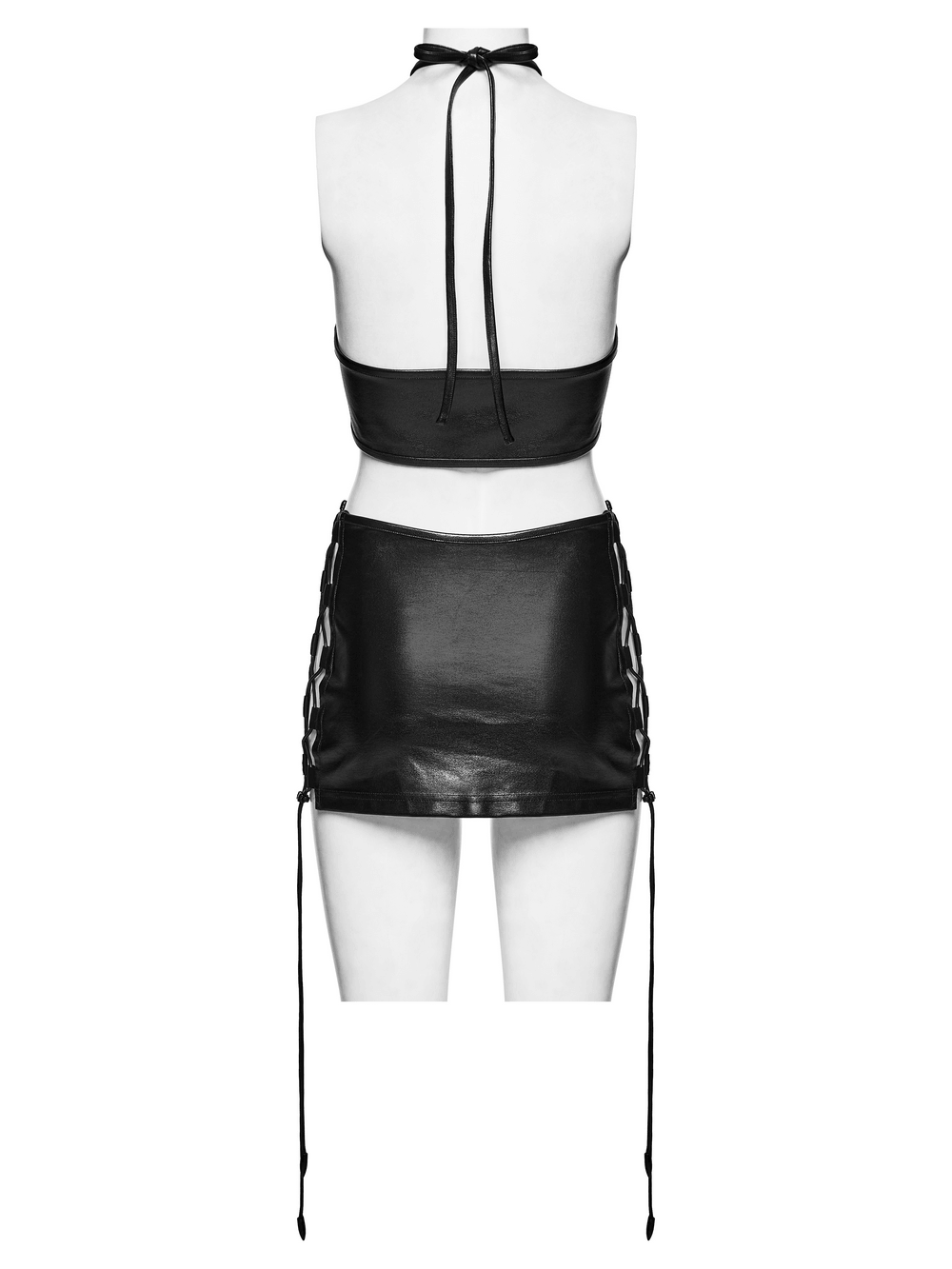 Gothic Techwear Two Piece Harness Top and Mini Skirt, glossy black halter set with buckle straps and adjustable side lacing
