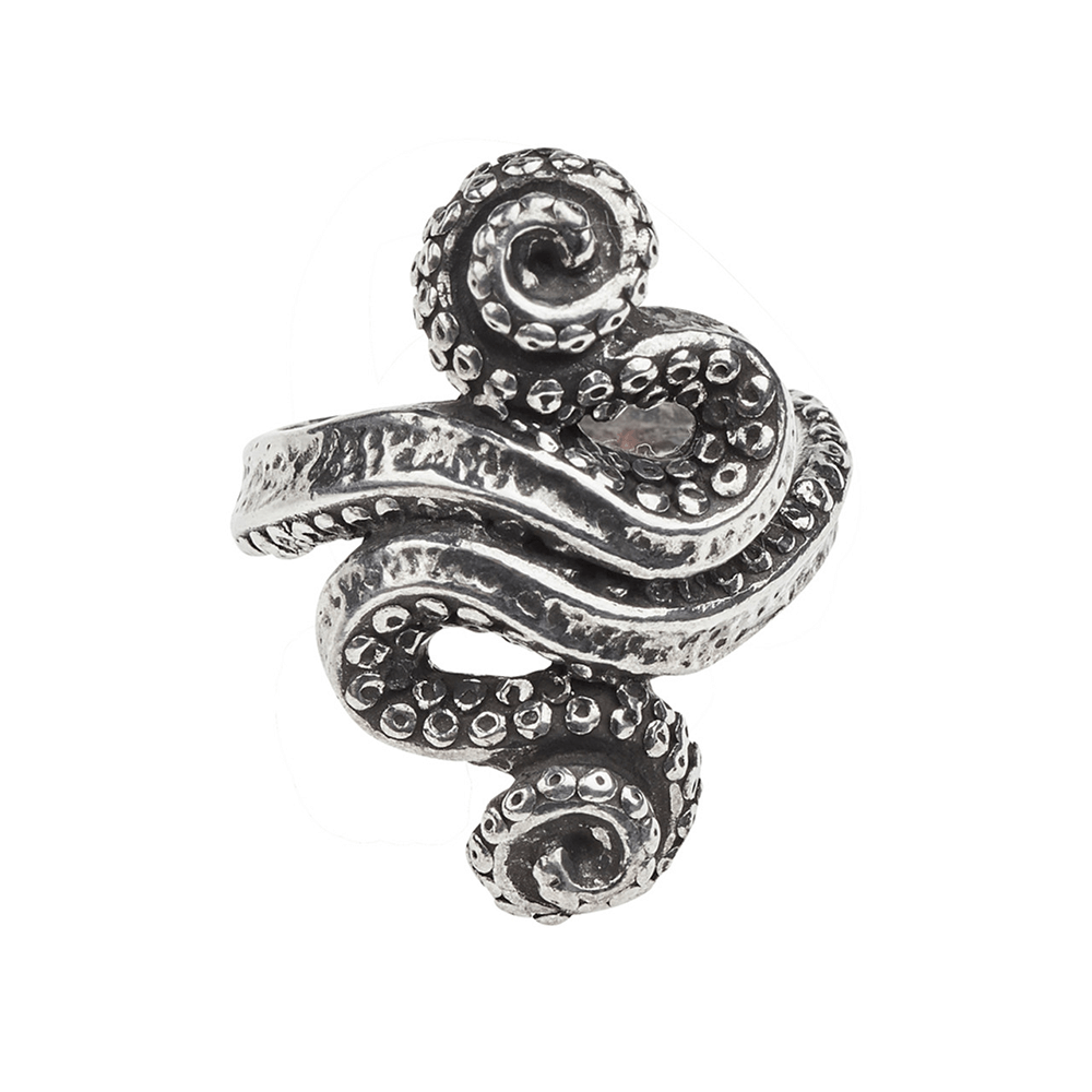 Gothic tentacle Kraken ring in antiqued pewter, showcasing intricate squid-inspired design.