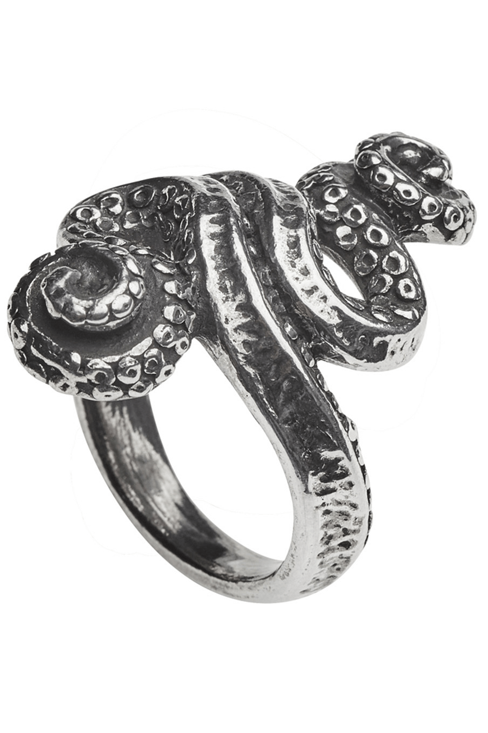 Gothic kraken ring in antiqued pewter with twisted tentacles design, perfect for nautical and mythical themes.