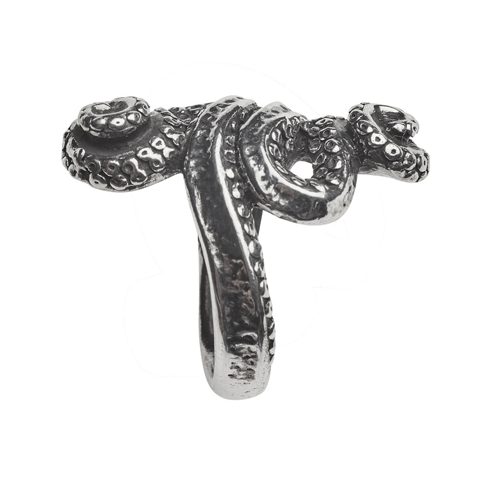 Gothic Kraken ring in antiqued pewter, featuring twisted tentacles and intricate details, perfect for nautical lovers.