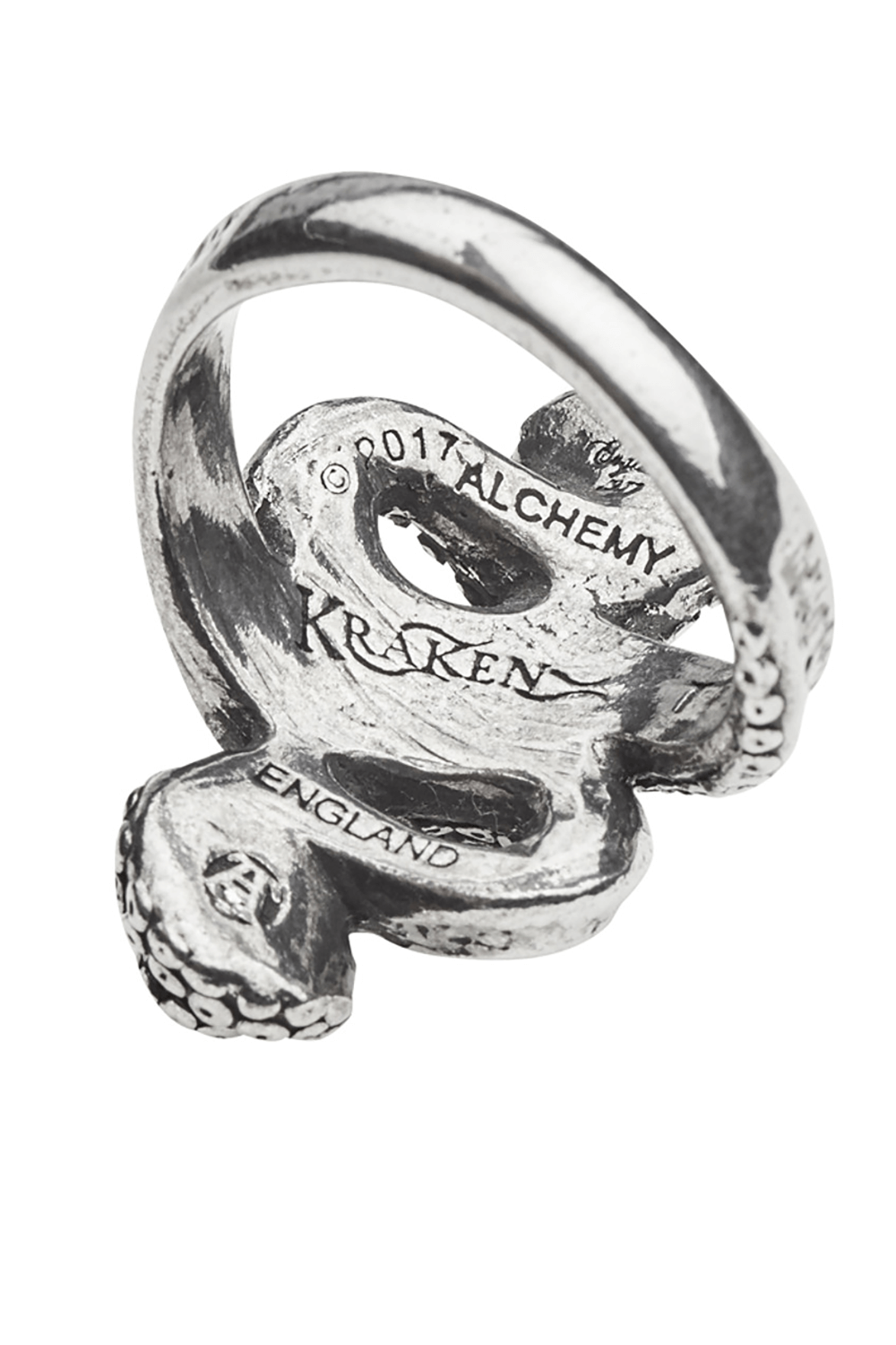 Antiqued pewter Gothic Kraken ring showcasing a detailed tentacle design, stamped with brand and country markings.