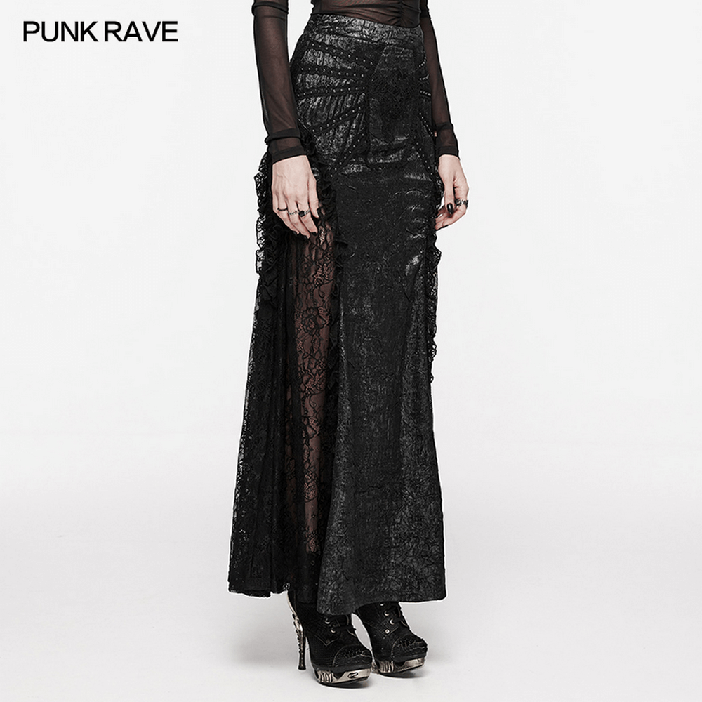 Gothic Textured Lace Ruffled Maxi Skirt for Women
